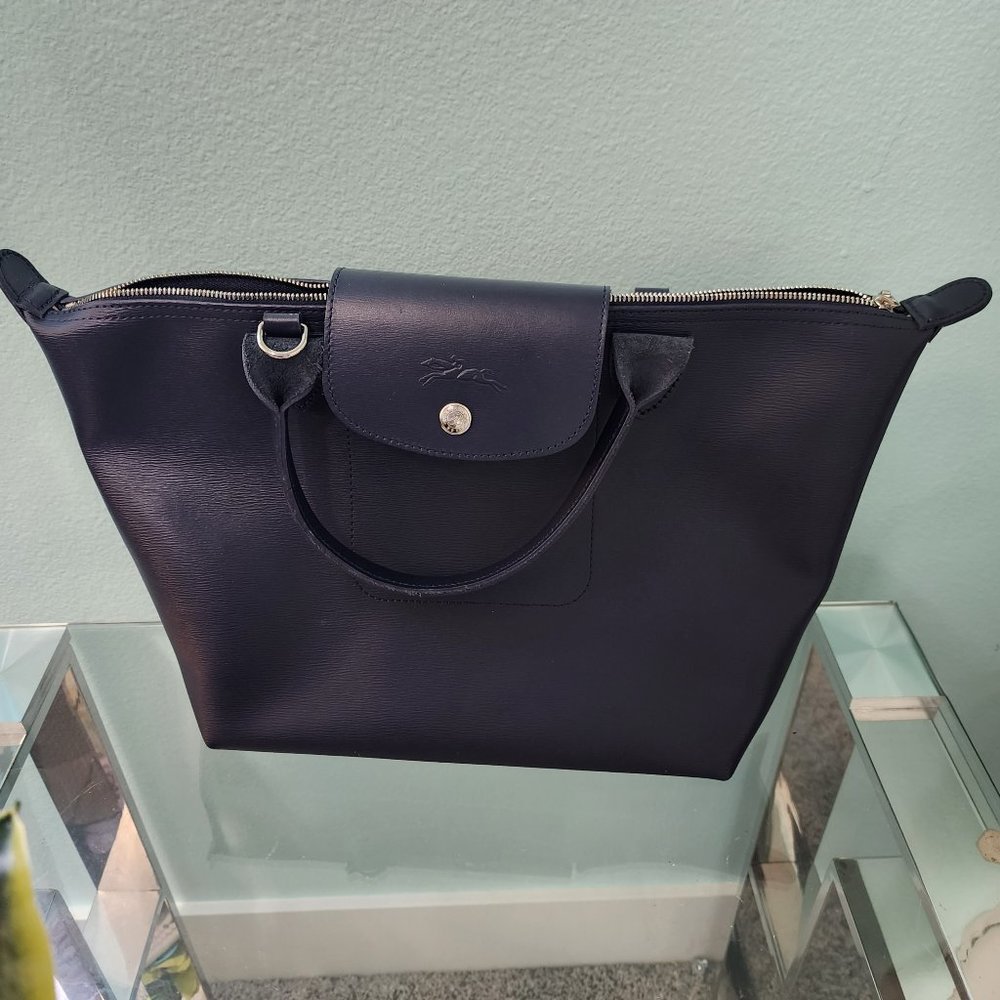 Longchamp Navy Blue Leather Tote with Shoulder Strap